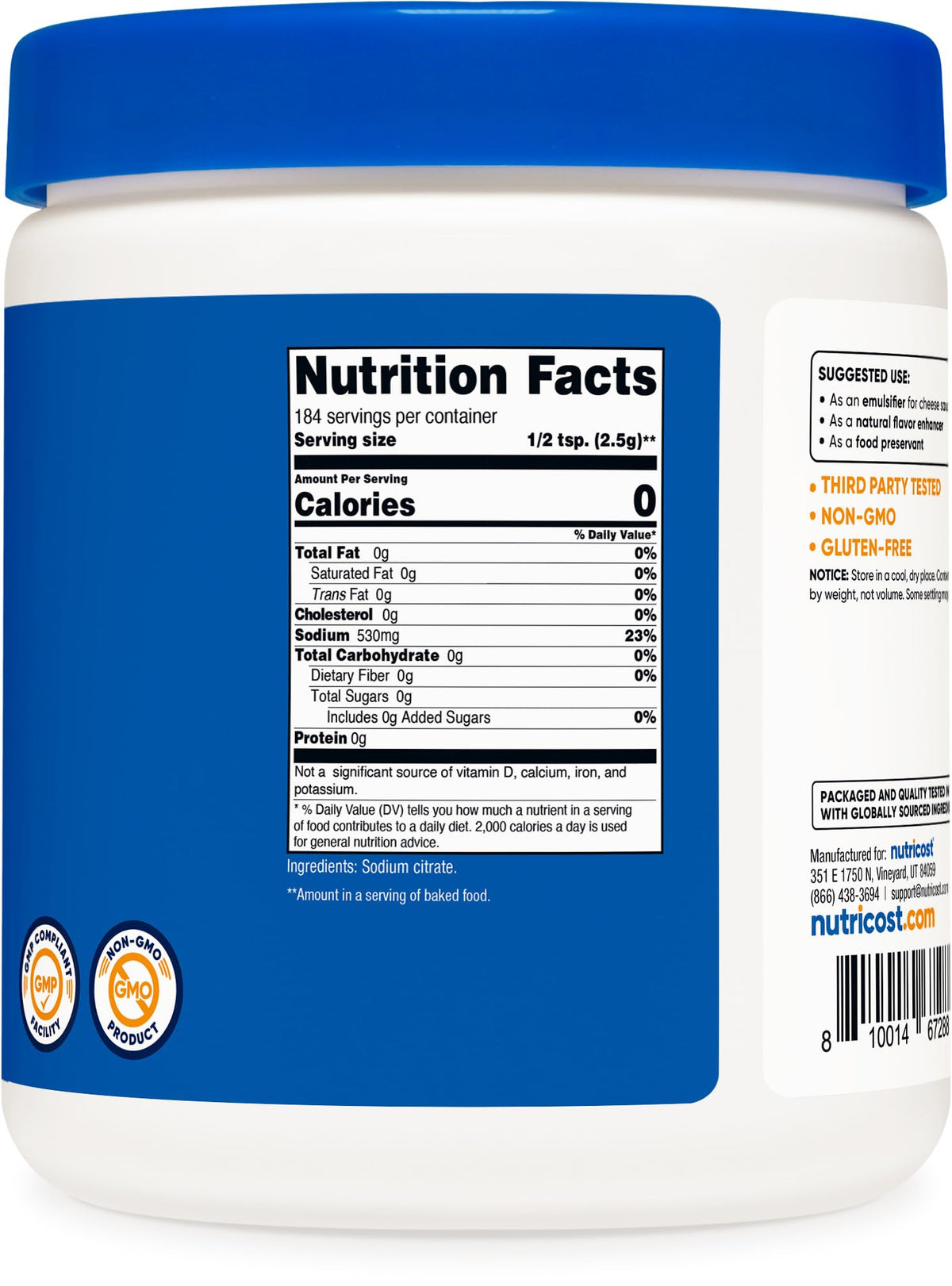 Nutricost Sodium Citrate Poudre 1LB ouvert avec poudre visible