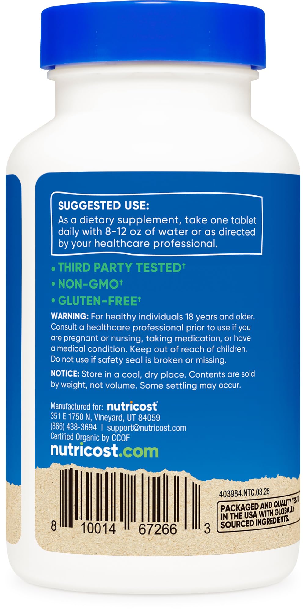 Nutricost Spiruline Bio 240 comprimés vue de côté