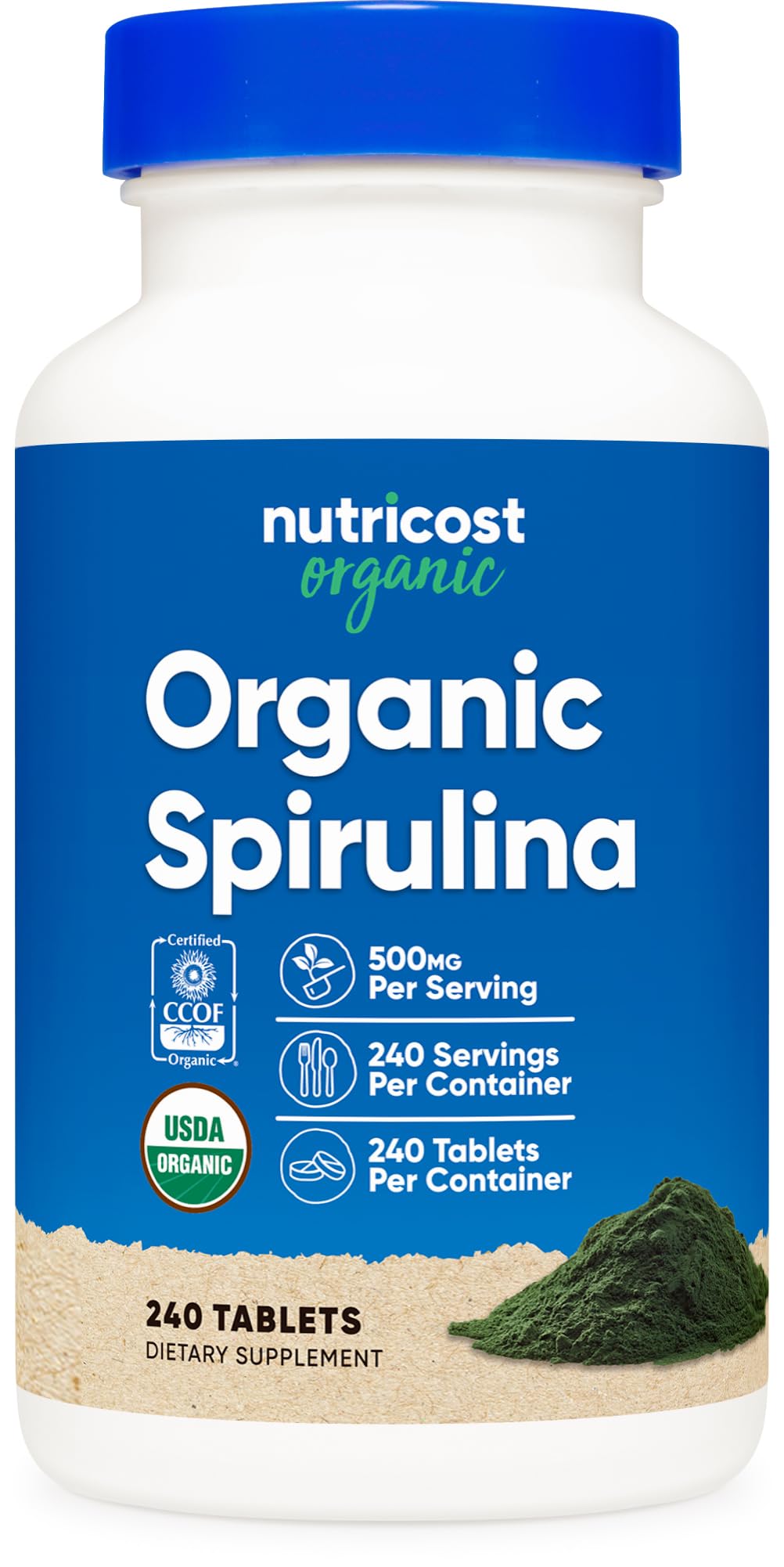 Nutricost Spiruline Bio 500mg 240 comprimés vue de face
