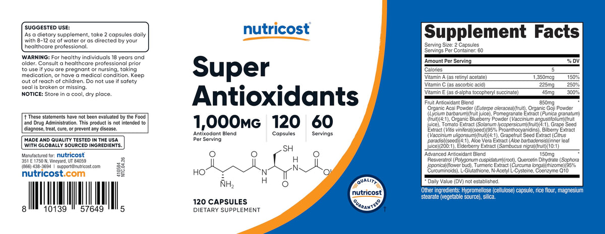 Nutricost Super Antioxidants, flacon sur une étagère de produits de santé