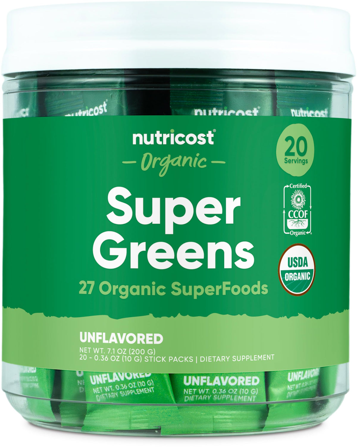 Nutricost Super Greens Bio Stickpack non aromatisé vue avant