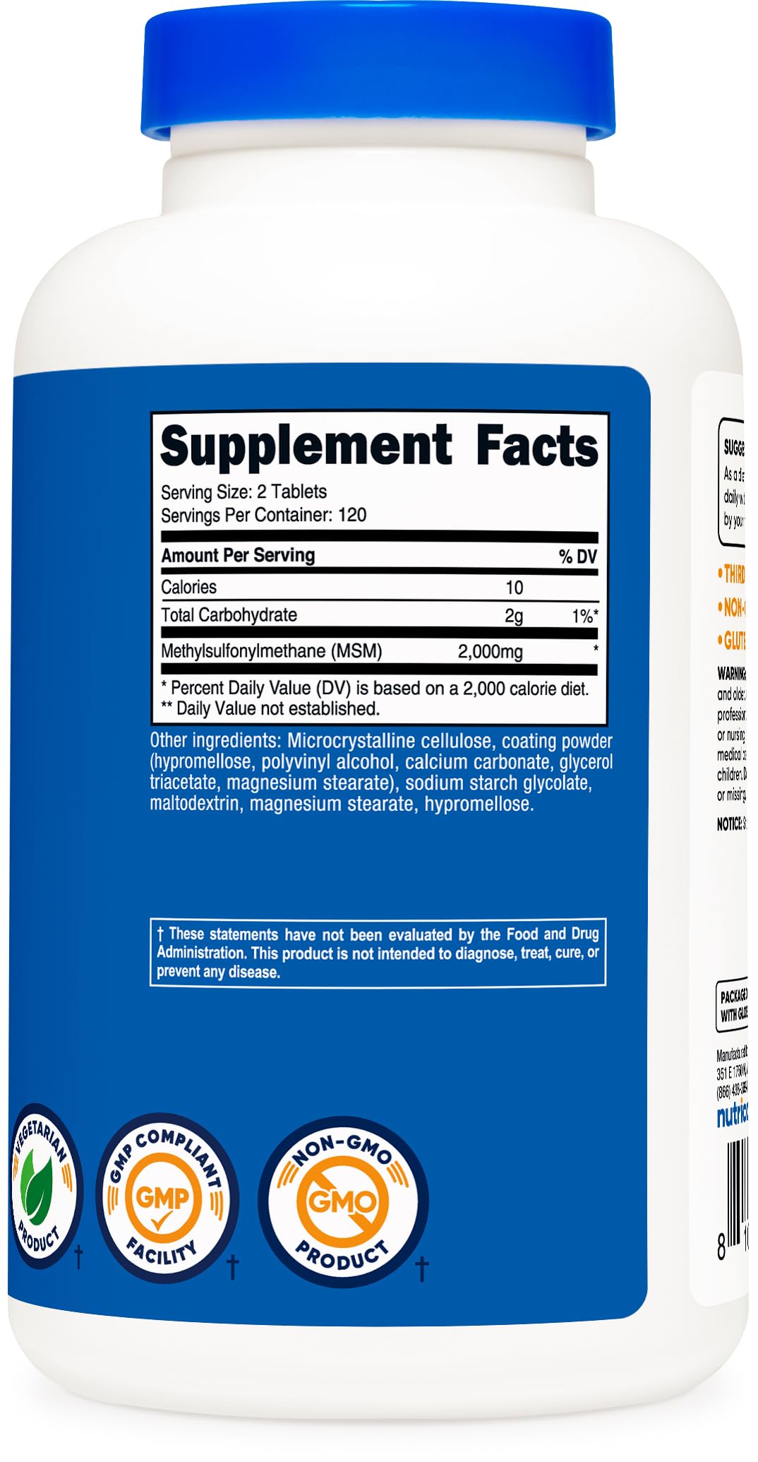 Nutricost Tablettes MSM 2000mg affichant la composition