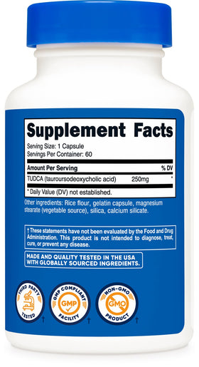 Nutricost Tudca 250mg 60 capsules sur fond blanc