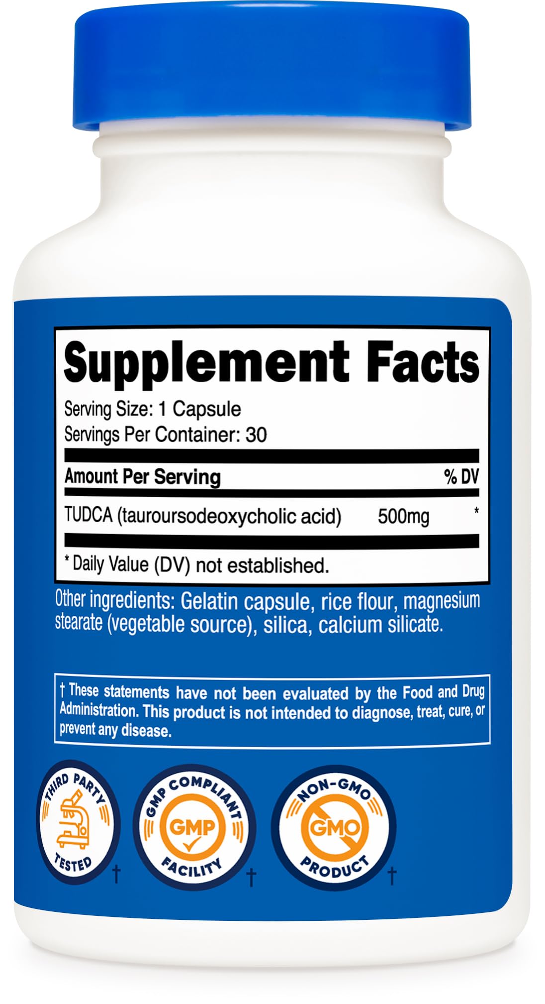 Nutricost Tudca 500mg capsules à côté d'un verre d'eau