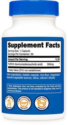 Nutricost Tudca 500mg capsules à côté d'un verre d'eau