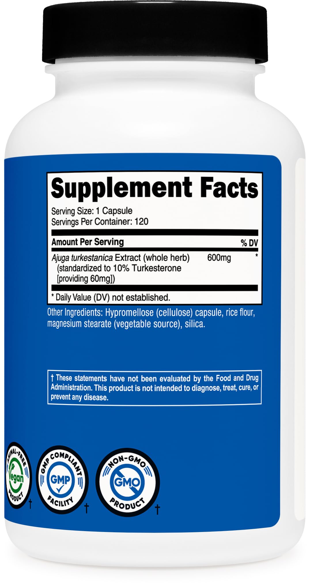 Nutricost Turkesterone 600mg vue de l'arrière avec informations nutritionnelles
