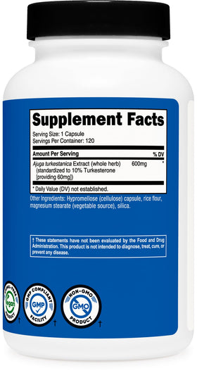 Nutricost Turkesterone 600mg vue de l'arrière avec informations nutritionnelles