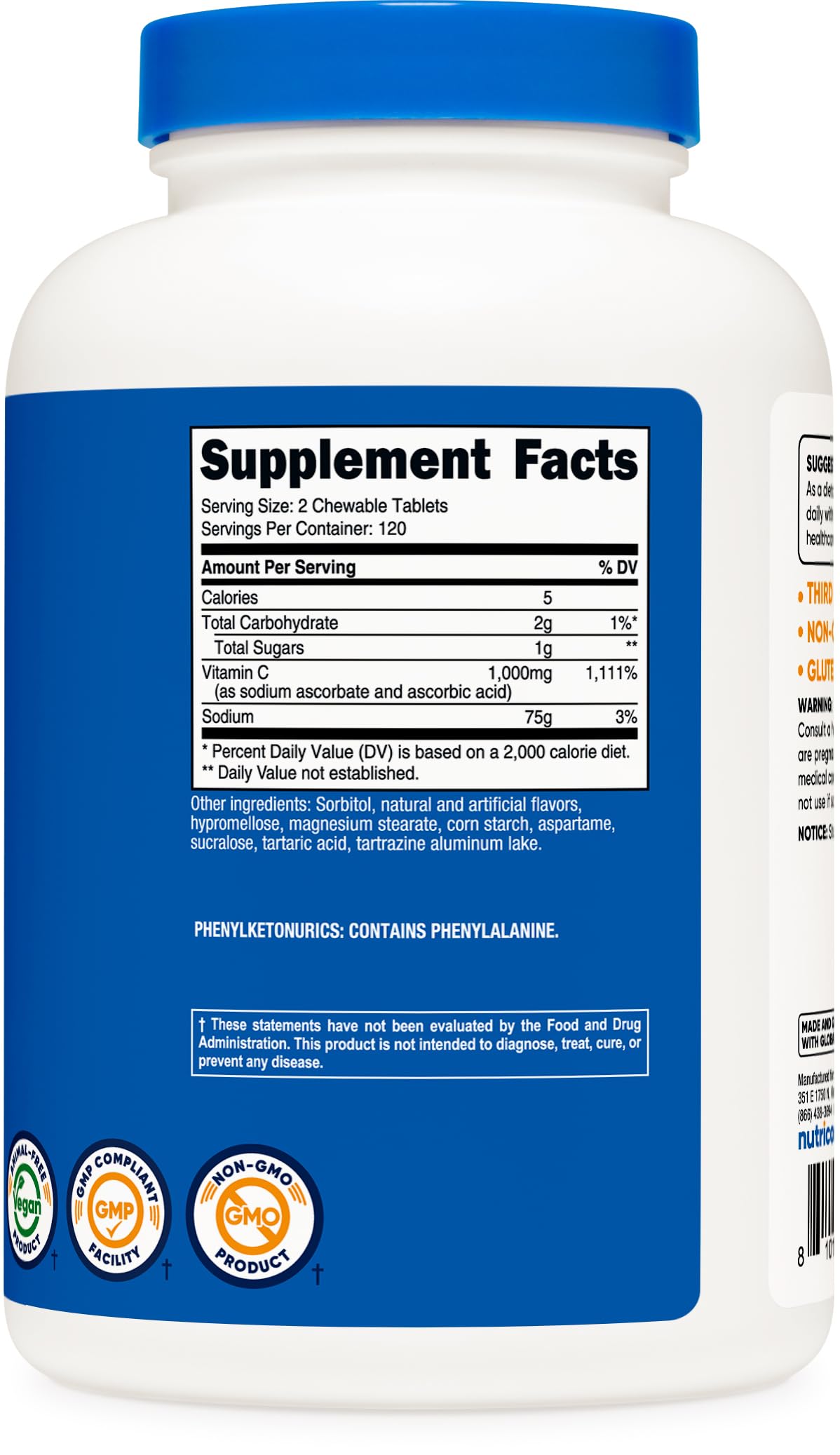Nutricost vitamine C 1 000 mg, bouteille ouverte montrant les comprimés