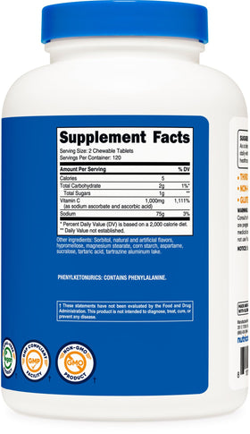 Nutricost vitamine C 1 000 mg, bouteille ouverte montrant les comprimés