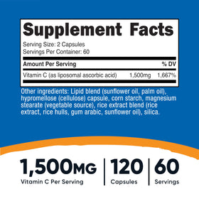 Nutricost Vitamine C Liposomale 1500mg capsules végétales sur fond blanc