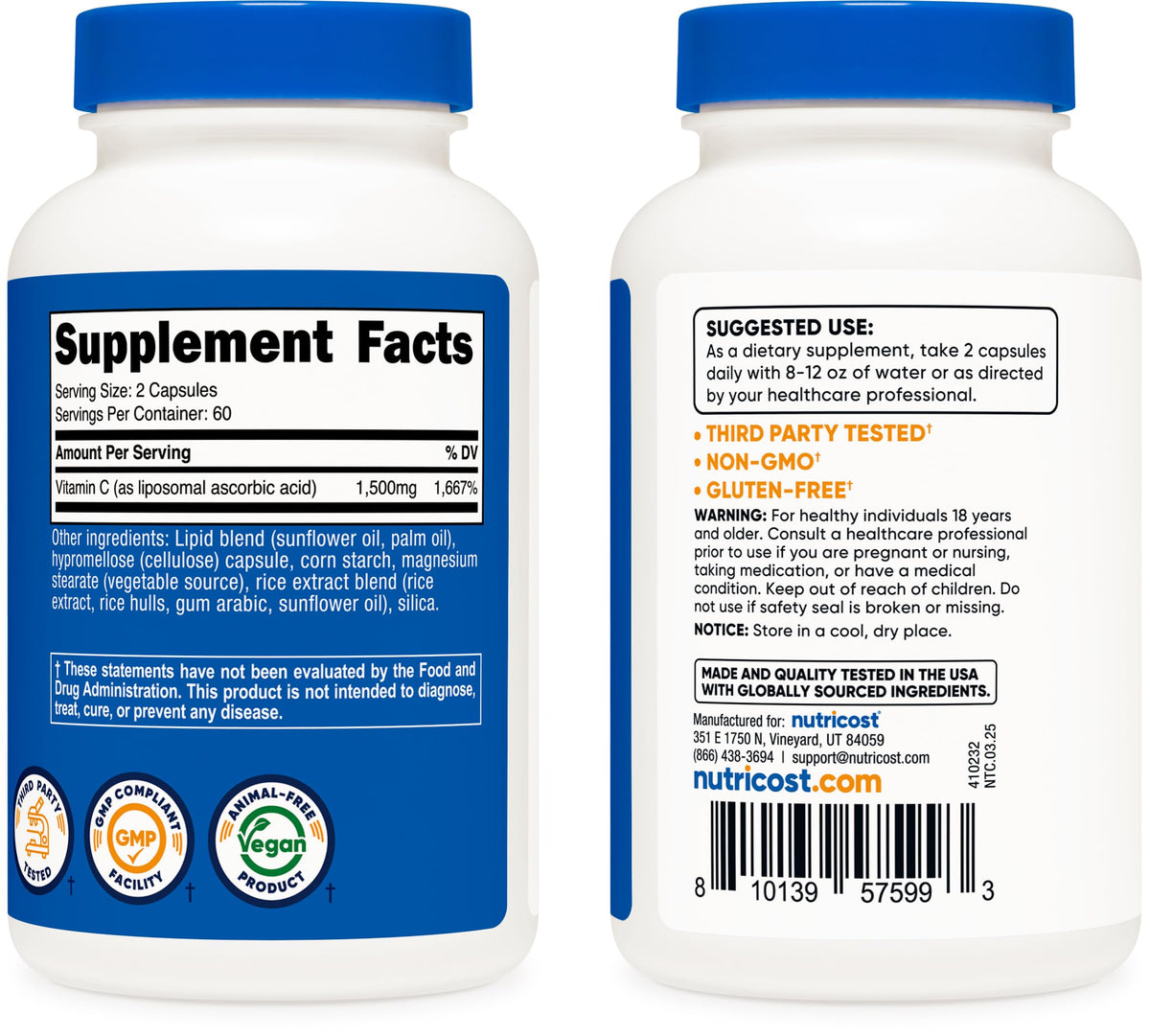 Nutricost Vitamine C Liposomale 1500mg gélules avec un verre d'eau