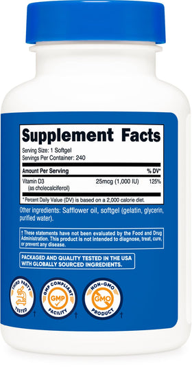 Nutricost Vitamine D3 1000iu gélules avec ingrédients
