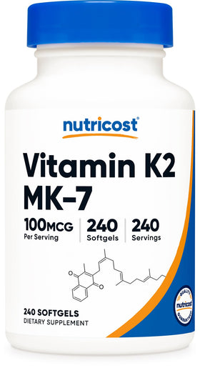 Nutricost Vitamine K2 MK-7 100 mcg flacon avant avec 240 gélules souples
