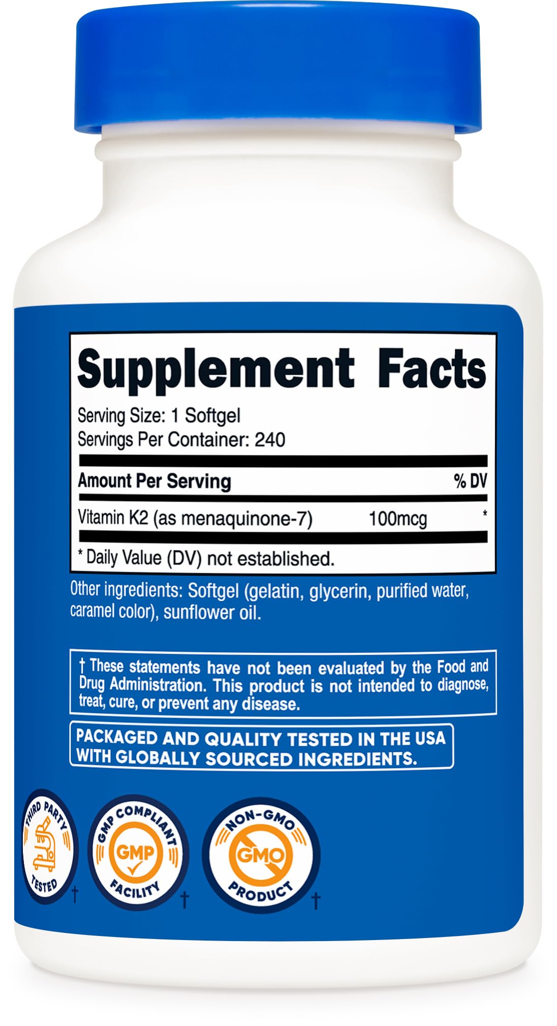 Nutricost Vitamine K2 MK-7 100 mcg flacon avec des gélules sur une table