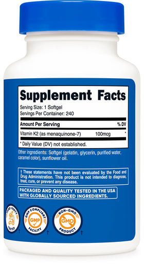 Nutricost Vitamine K2 MK-7 100 mcg flacon avec des gélules sur une table