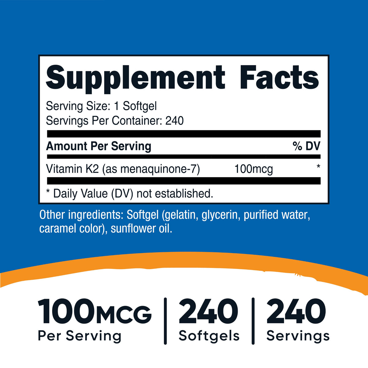 Nutricost Vitamine K2 MK-7 100 mcg gélule souple sur fond blanc