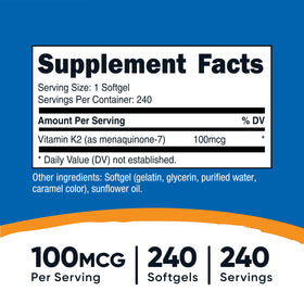 Nutricost Vitamine K2 MK-7 100 mcg gélule souple sur fond blanc