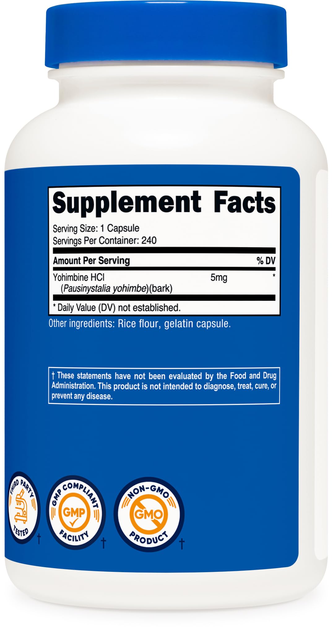 Nutricost Yohimbine HCl 5mg bouteille ouverte avec capsules visibles