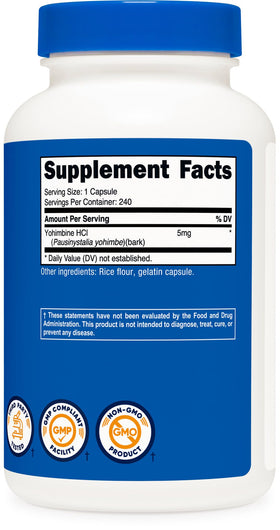 Nutricost Yohimbine HCl 5mg bouteille ouverte avec capsules visibles