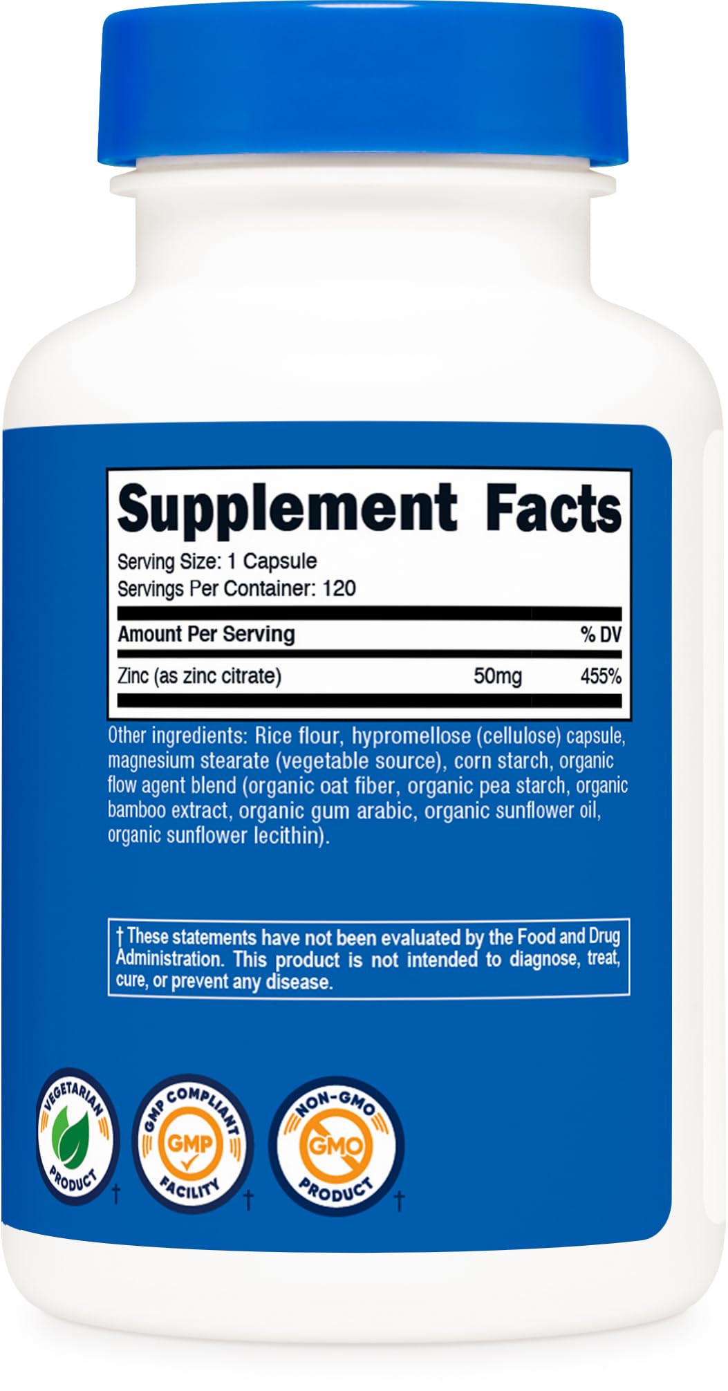 Nutricost Zinc Chelate 50mg capsules sur une surface blanche