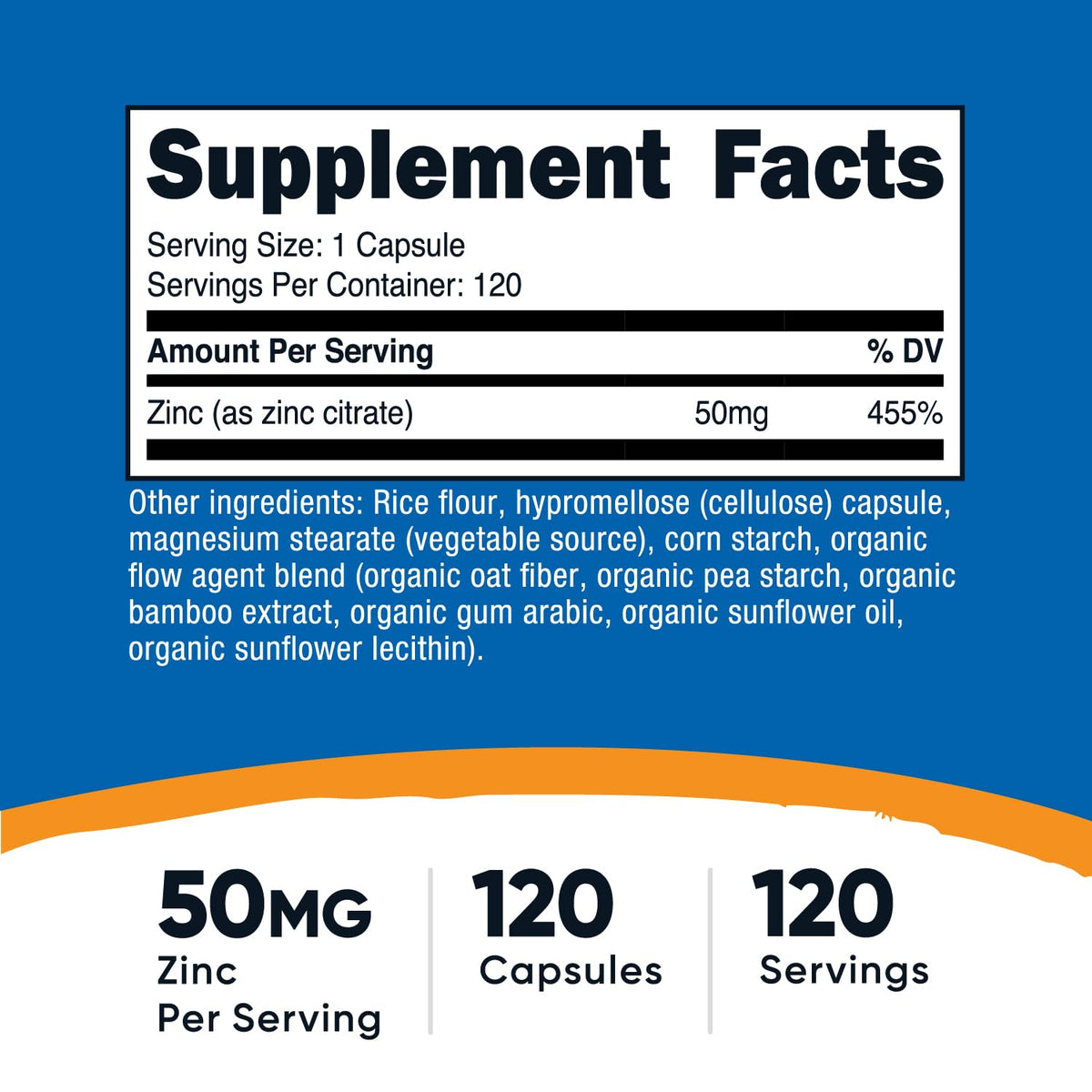 Nutricost Zinc Chelate 50mg capsules végétariennes vue de côté