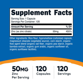 Nutricost Zinc Chelate 50mg capsules végétariennes vue de côté