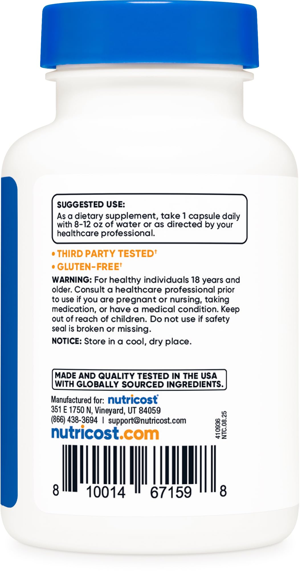 Nutricost Zinc Chelate 50mg étiquette et informations nutritionnelles
