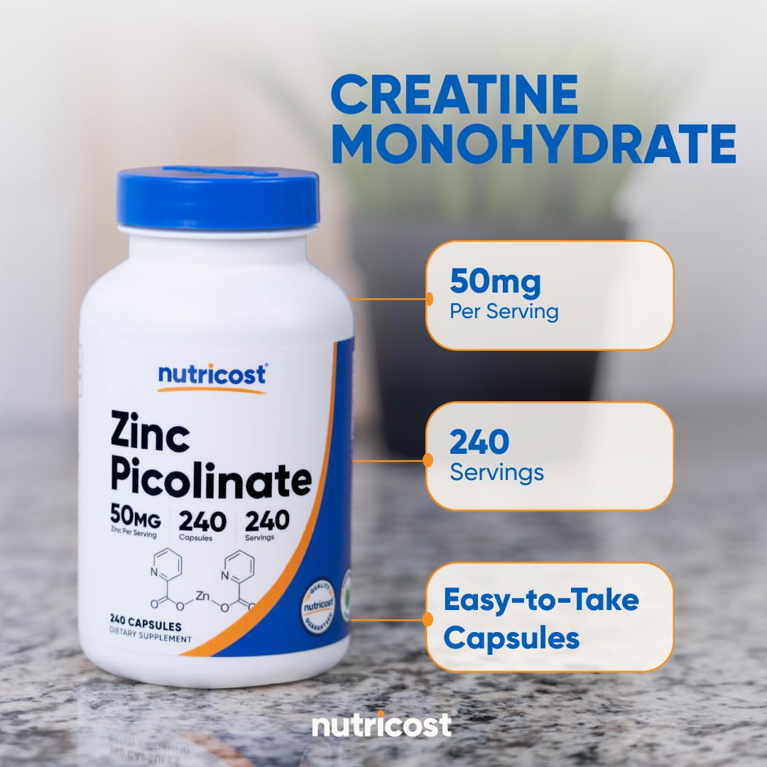 Nutricost Zinc Picolinate 50mg capsules sur une surface en bois