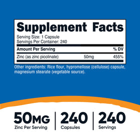 Nutricost Zinc Picolinate 50mg capsules végétariennes vues de près