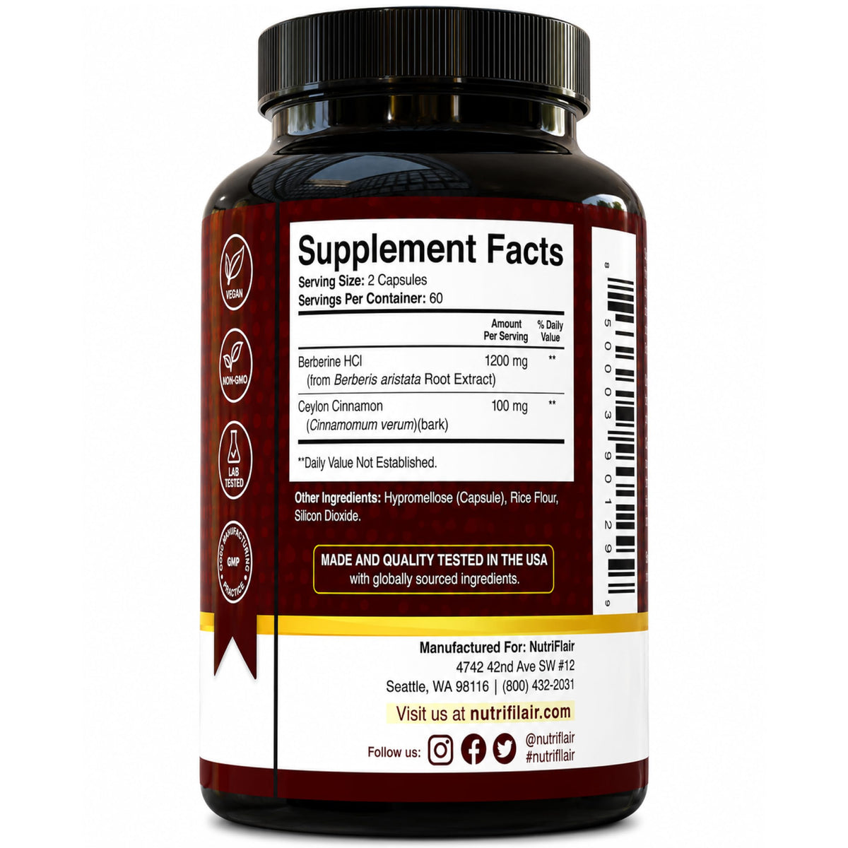 NutriFlair Berbérine HCl 1200mg gélules avec Cannelle de Ceylan sur table
