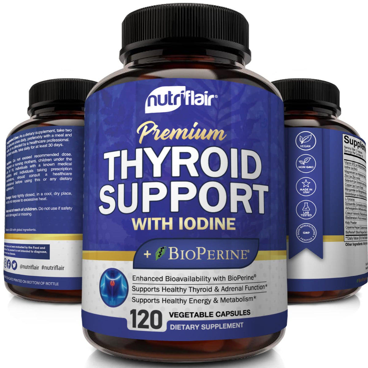 NutriFlair complexe de support thyroïdien 120 capsules avec ingrédients listés