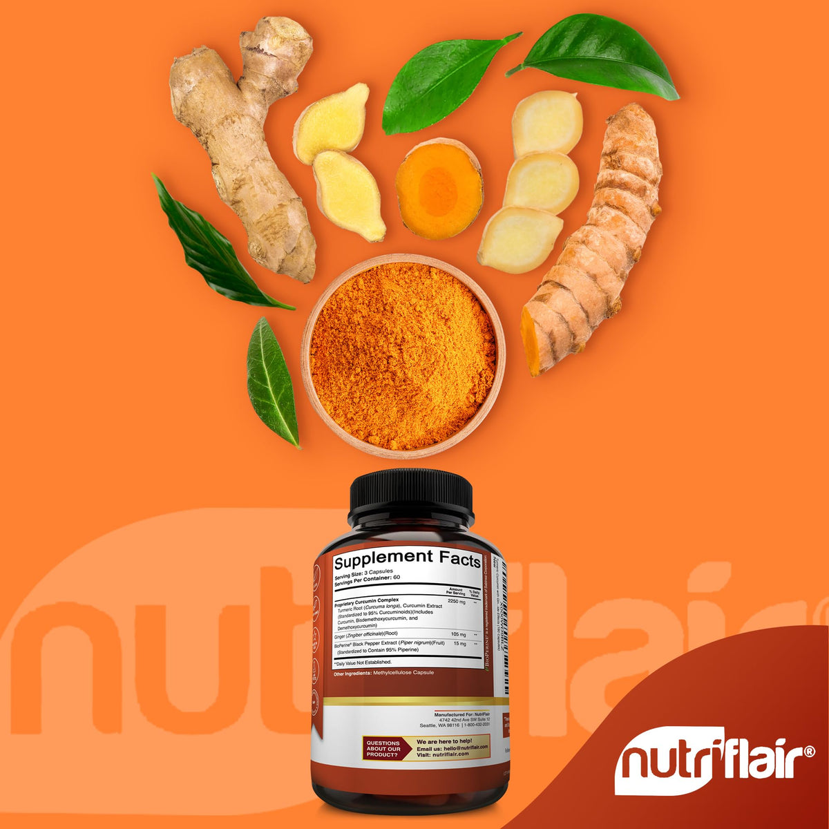 NutriFlair Curcuma Curcumine 2250mg 180 capsules, avec BioPerine