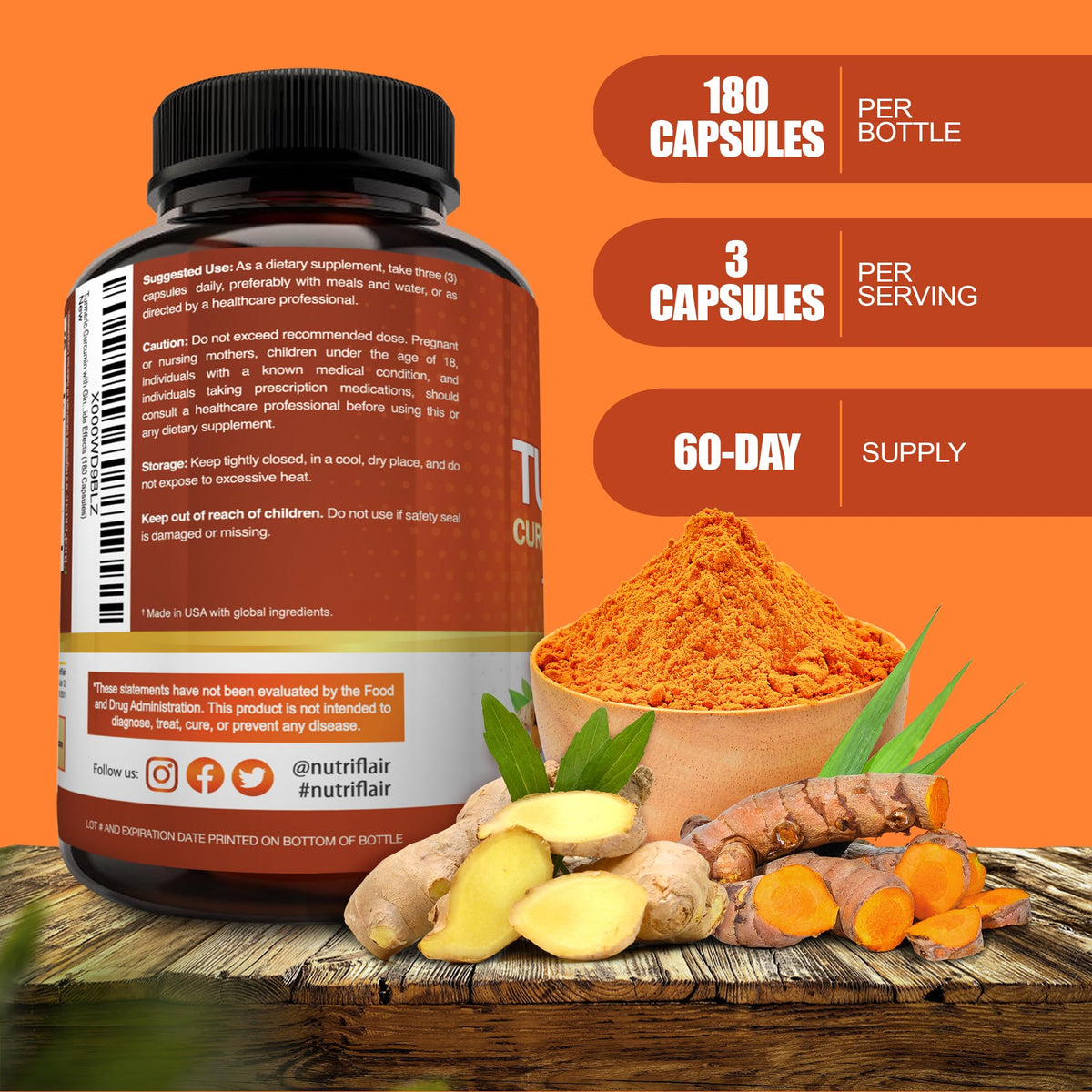 NutriFlair Curcuma Curcumine 2250mg 180 capsules, étiquette avec ingrédients