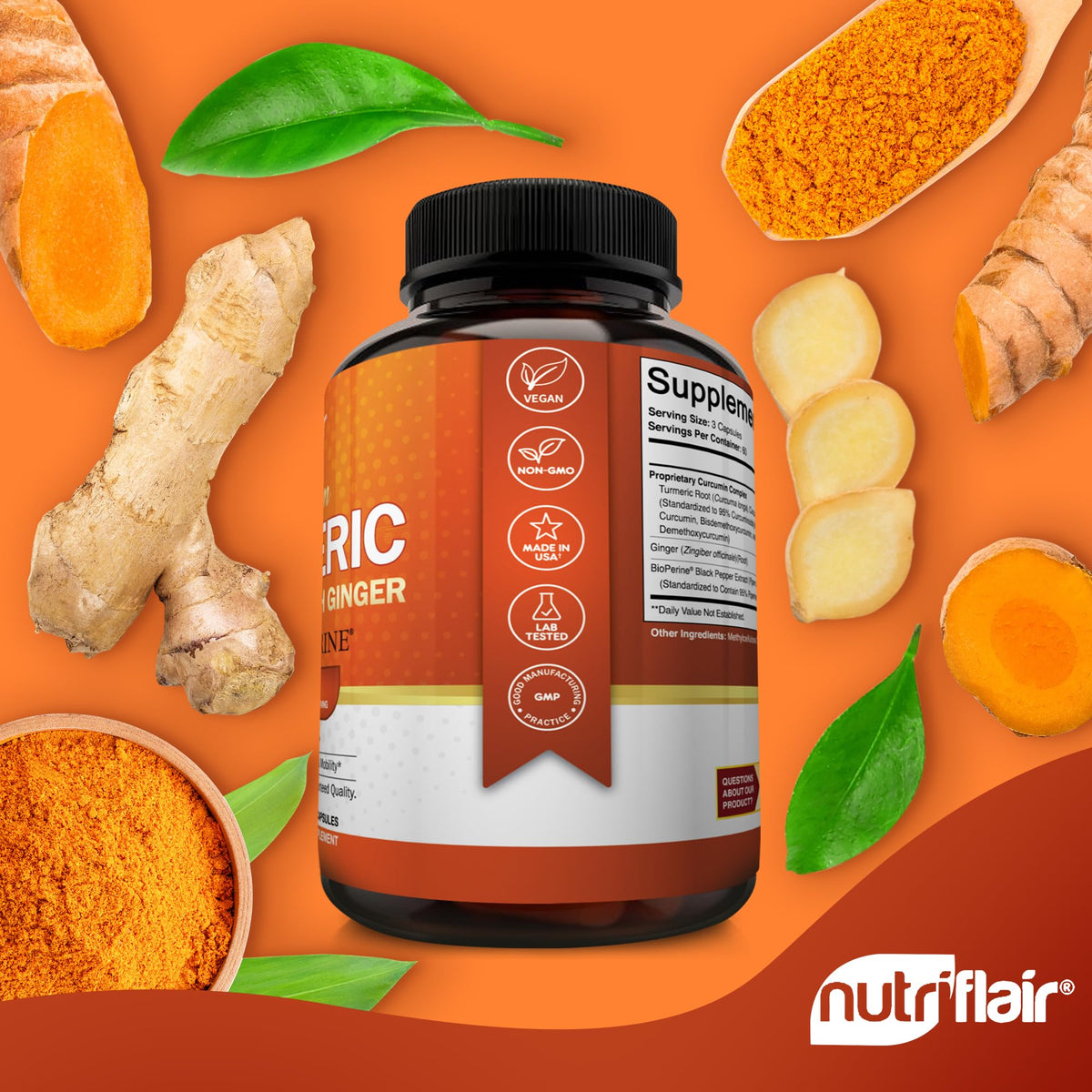 NutriFlair Curcuma Curcumine 2250mg 180 capsules, présentation sur une table