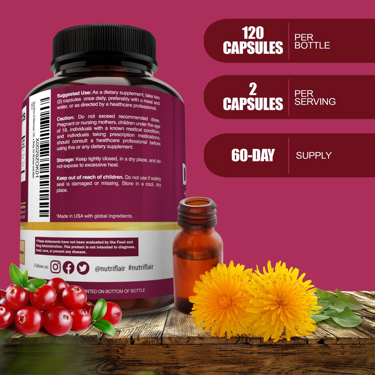 NutriFlair D-Mannose 120 Capsules 1500mg vue de côté
