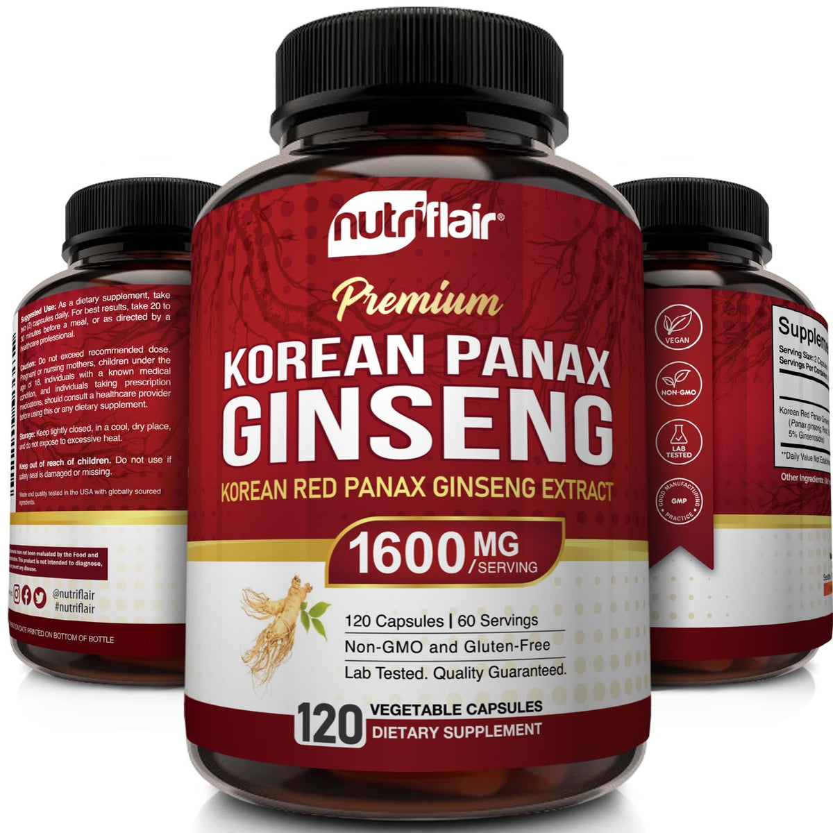 NutriFlair Ginseng Rouge Coréen 1600mg capsules à l'intérieur du flacon