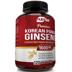 NutriFlair Ginseng Rouge Coréen 1600mg capsules végétaliennes sur une cuillère
