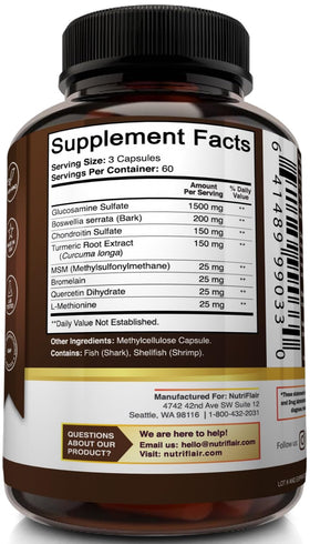NutriFlair Glucosamine Chondroïtine avec des capsules visibles à côté