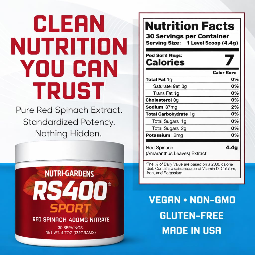 Nutrigardens Extrait de Poudre d'Épinard Rouge RS400 400mg - étiquette