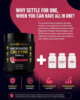 Nutrigenius + Créatine Monohydrate 5g avec BCAA 340g sur une table