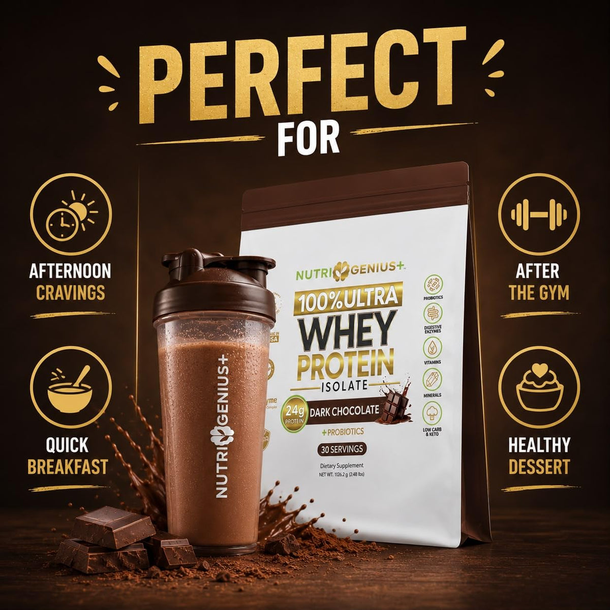 Nutrigenius + Protéine Isolée de Lactosérum 1152g Chocolat en poudre dans un verre