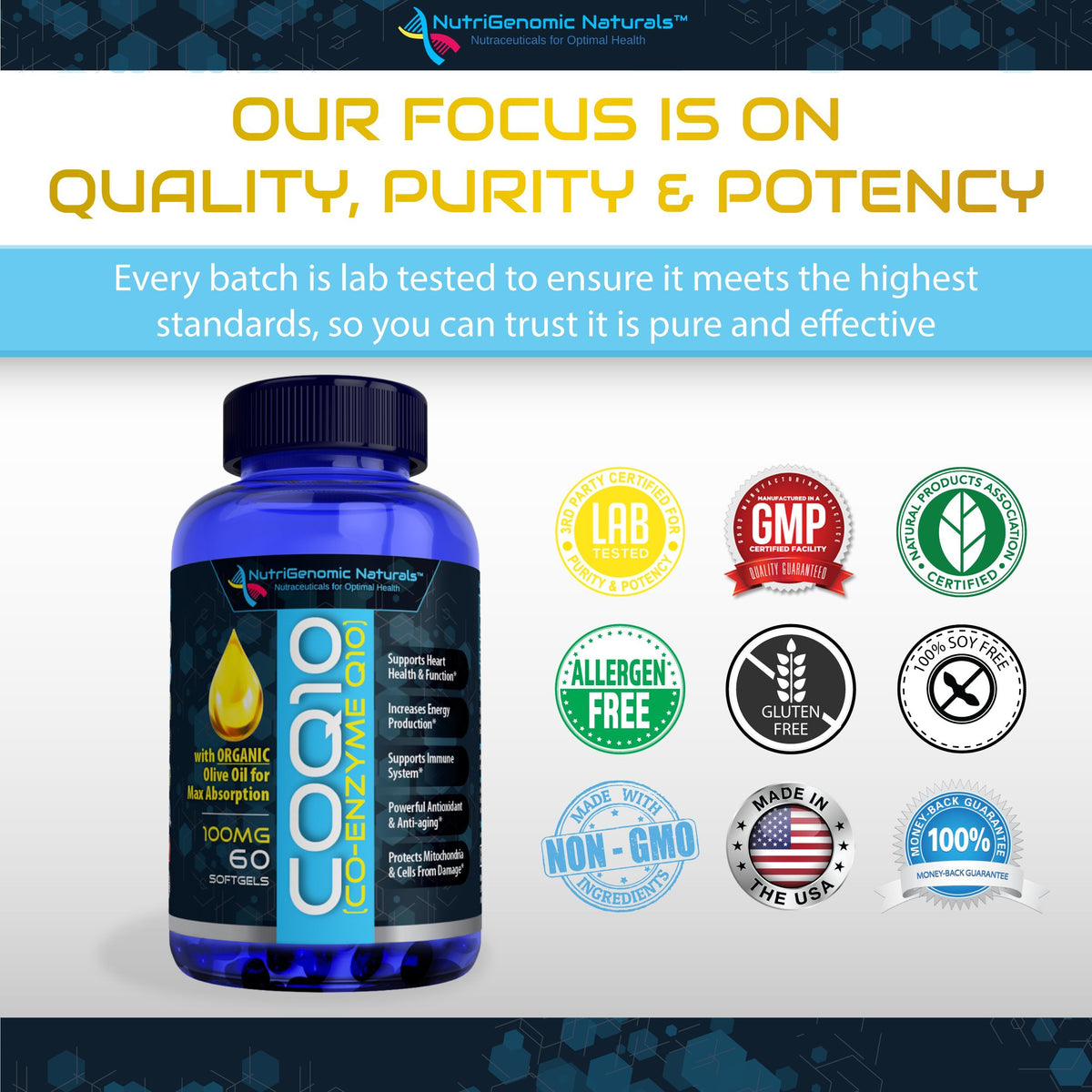NutriGenomic Naturals CoQ10 sur une table avec des olives