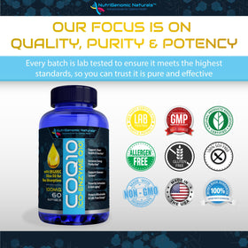 NutriGenomic Naturals CoQ10 sur une table avec des olives
