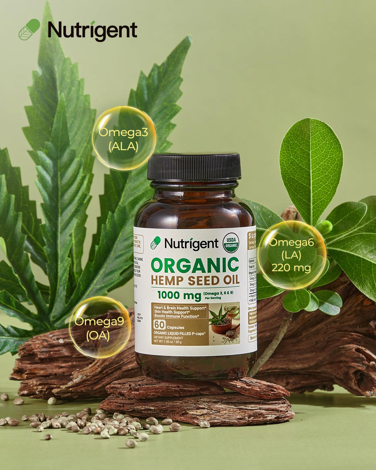 Nutrigent Huile de Graines de Chanvre Bio 1000mg Capsules Liquides avec étiquette