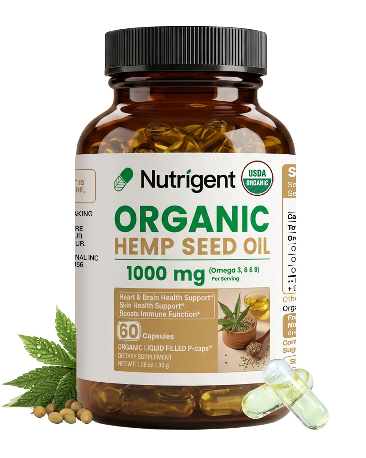 Nutrigent Huile de Graines de Chanvre Bio 1000mg Capsules Liquides vue de face