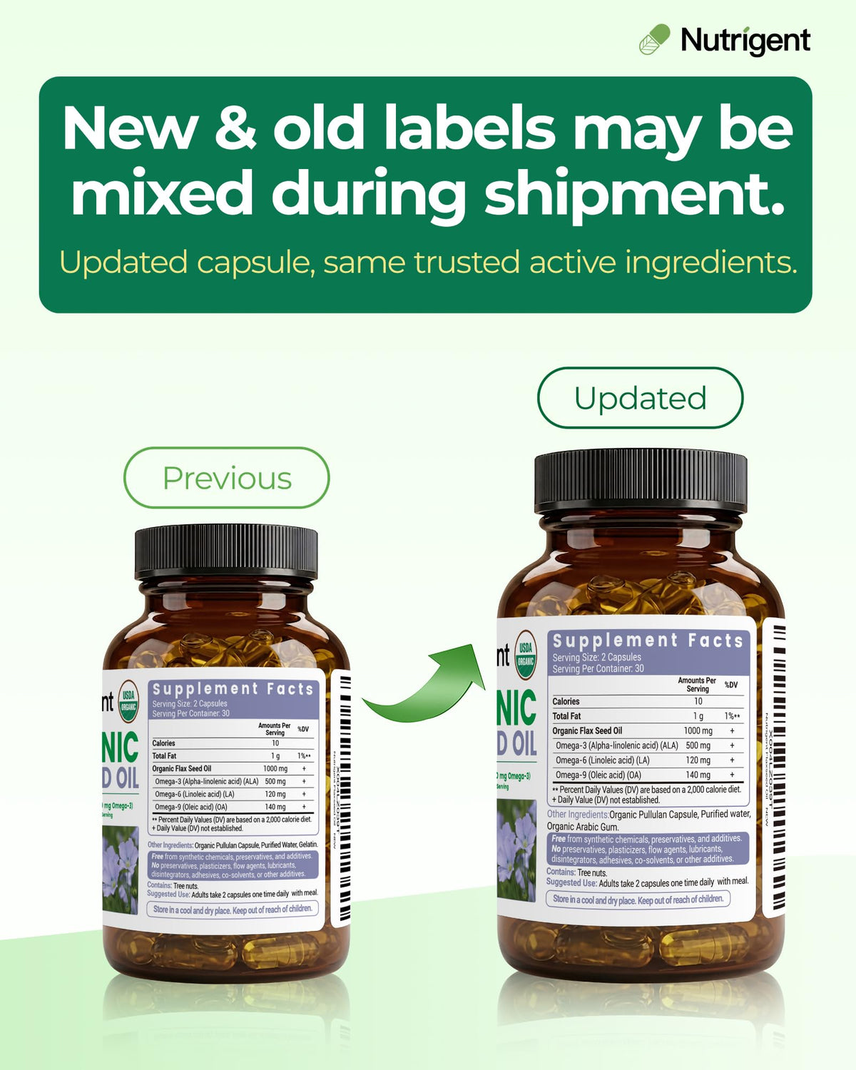 Nutrigent Huile de Lin Bio flacon et capsules sur fond naturel