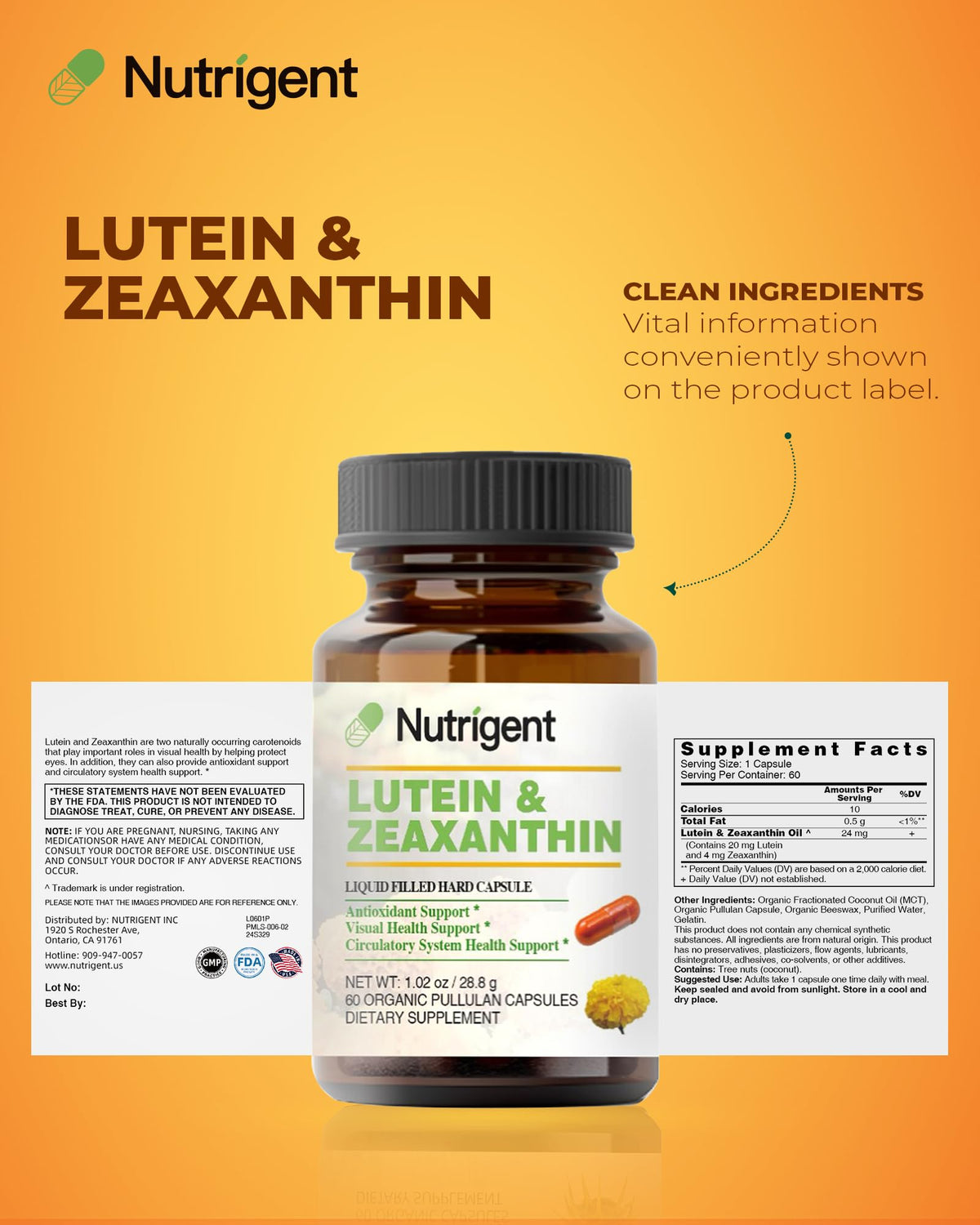 Nutrigent Lutein 20mg et Zeaxanthin 4mg Capsules Liquides sur une table