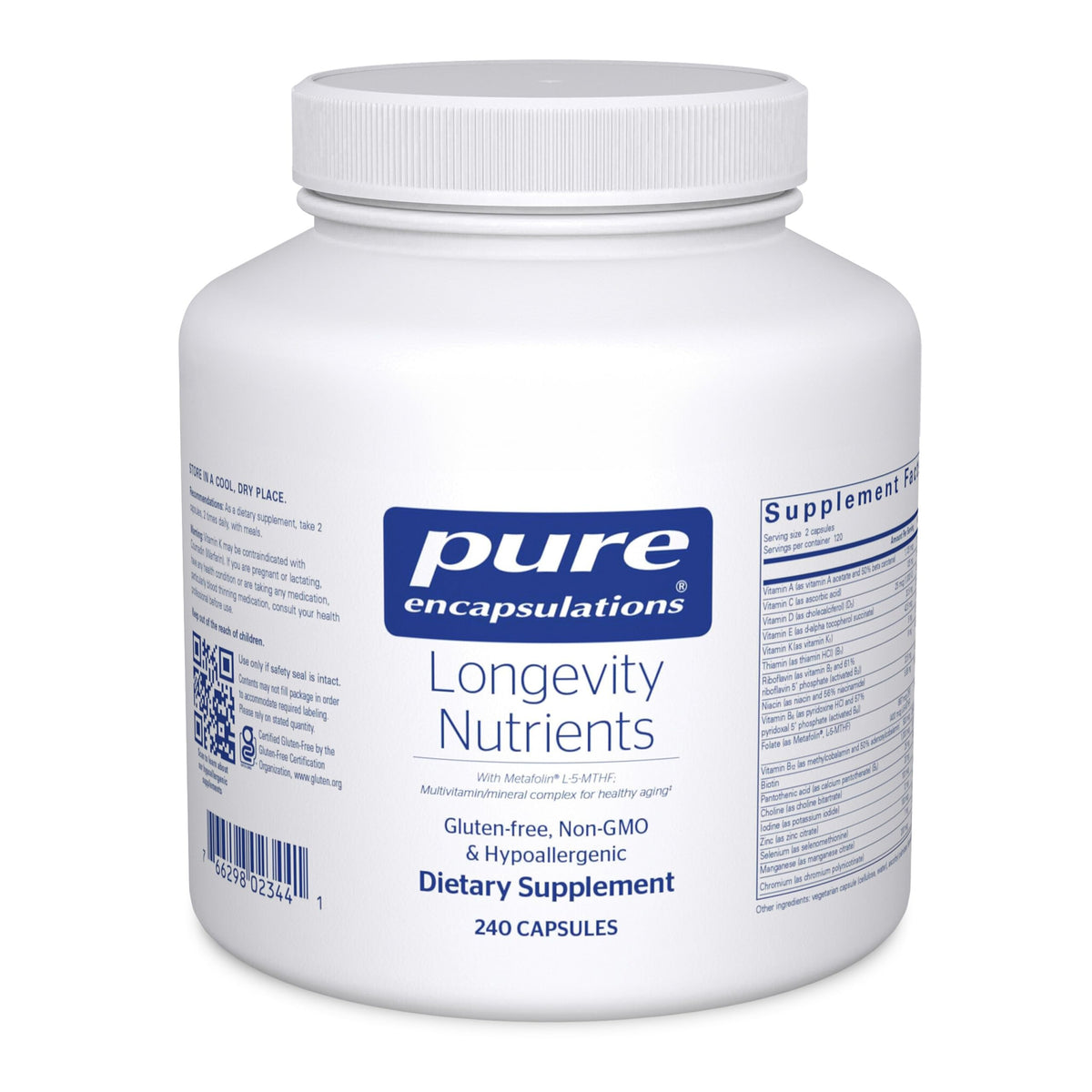 Nutriments Longévité Pure Encapsulations 240 capsules vue avant