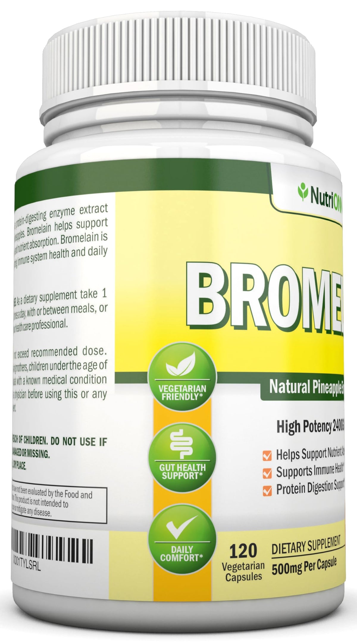 NutriONN Bromélaïne 500mg avec une main tenant le flacon