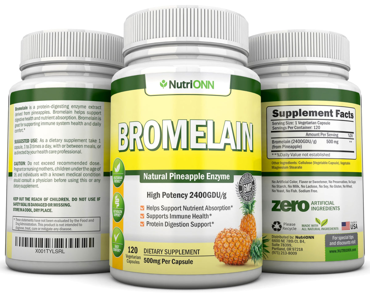 NutriONN Bromélaïne 500mg, flacon avec capsules à côté